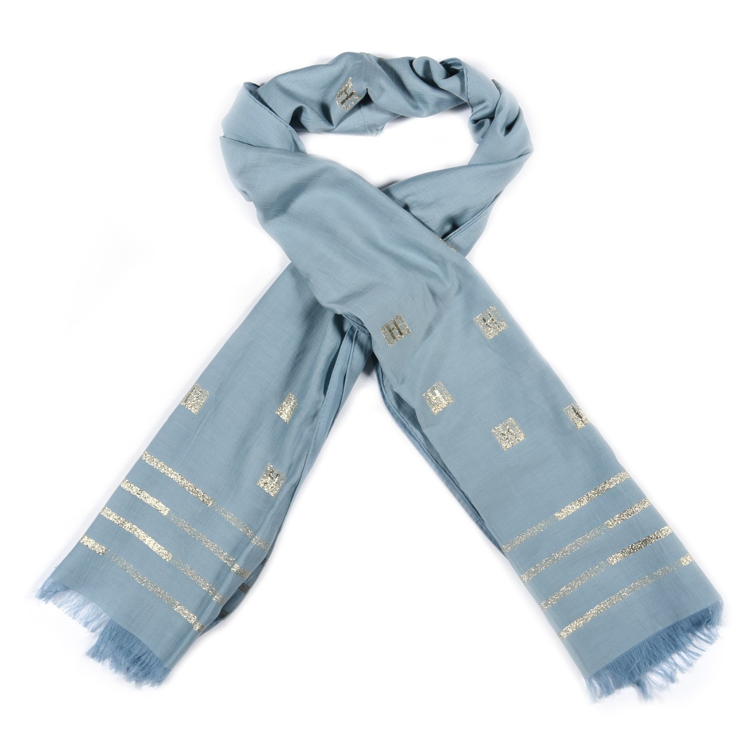 Hermes Cotton Silk Cheche H Scarf Bleu Madone Or White 1 of 4