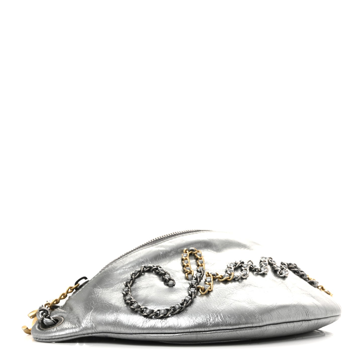 Metallic Crumpled Calfskin Chain 20s Signe Waist Bag Silver