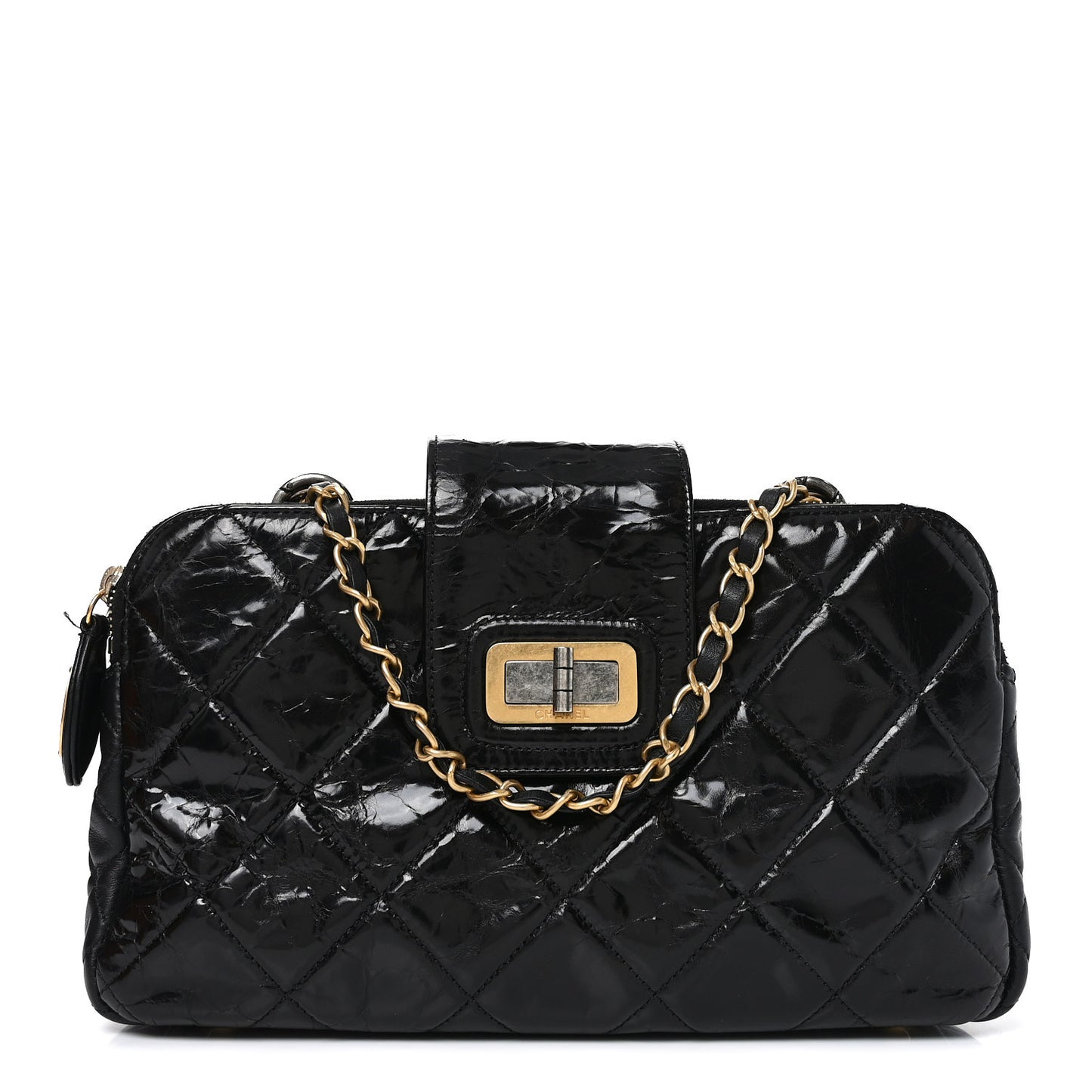 Glazed Crinkled Lambskin Small Reissue Zip Shopping Tote Black