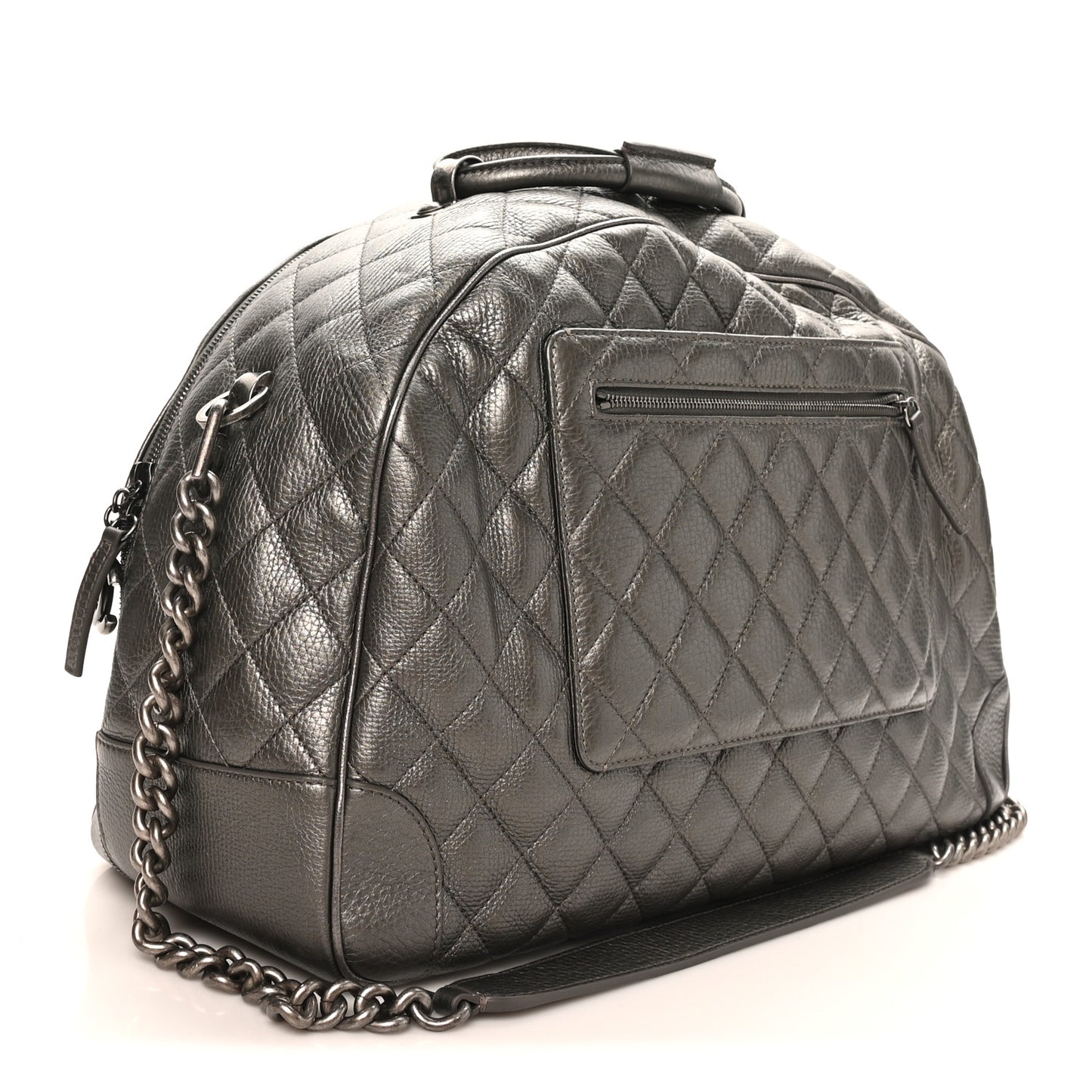 Metallic Calfskin Quilted Medium Airlines Round Trip Bowling Bag Silver
