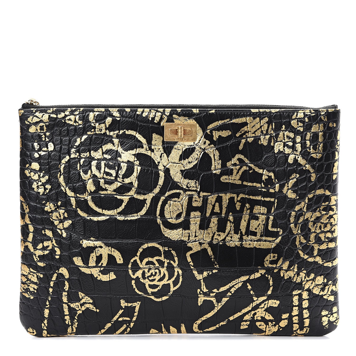 Chanel Calfskin Crocodile Embossed Graffiti 2.55 Medium Cocodile Reissue Cosmetic Case Black Gold 1 of 6