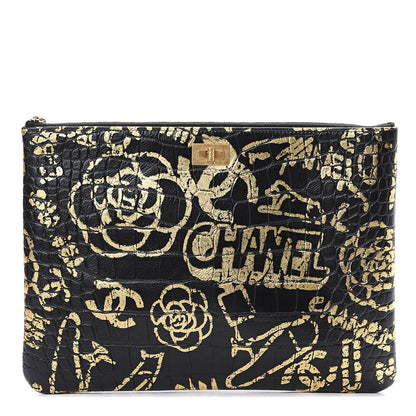 Chanel Calfskin Crocodile Embossed Graffiti 2.55 Medium Cocodile Reissue Cosmetic Case Black Gold 1 of 6