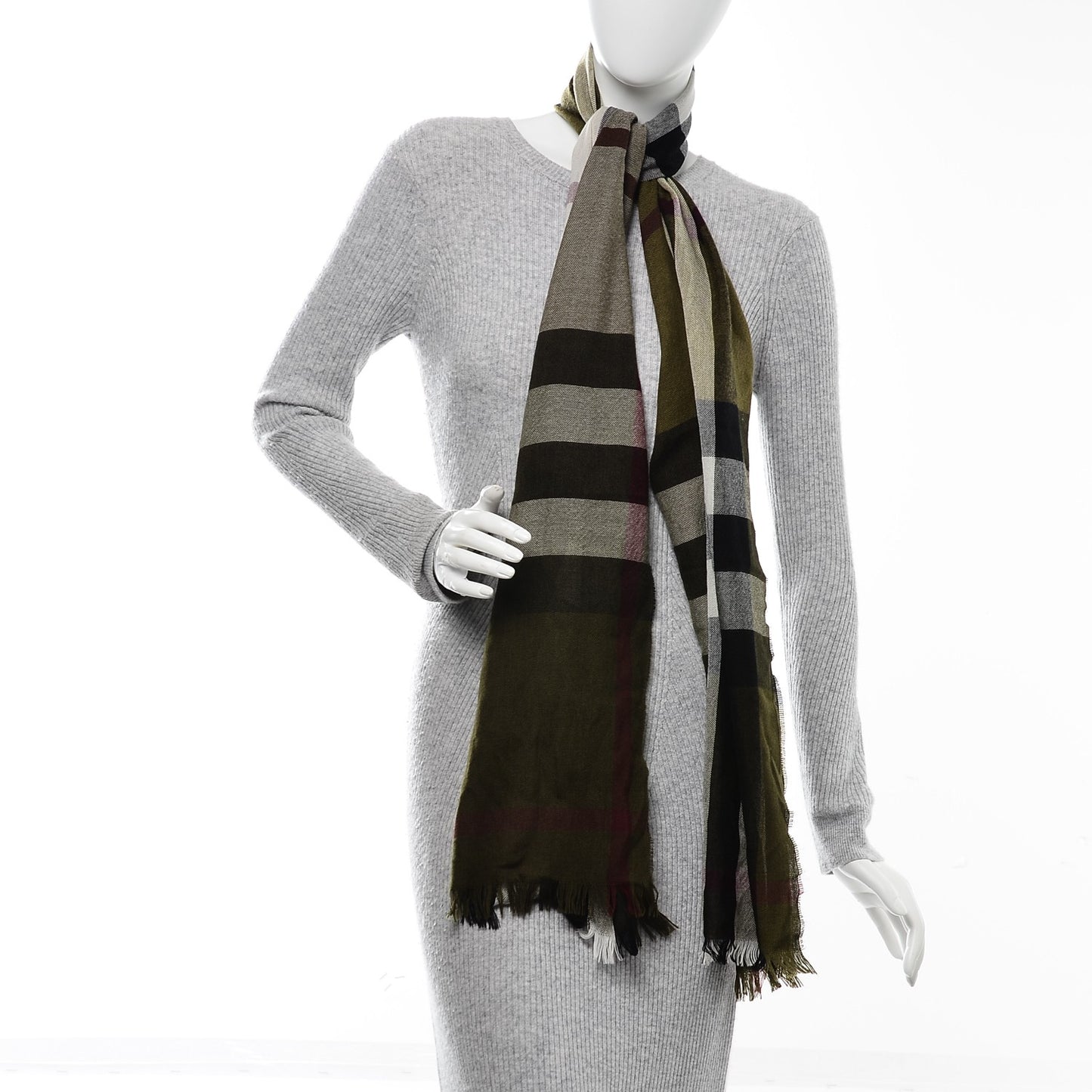 Wool Silk Giant Check Scarf Olive