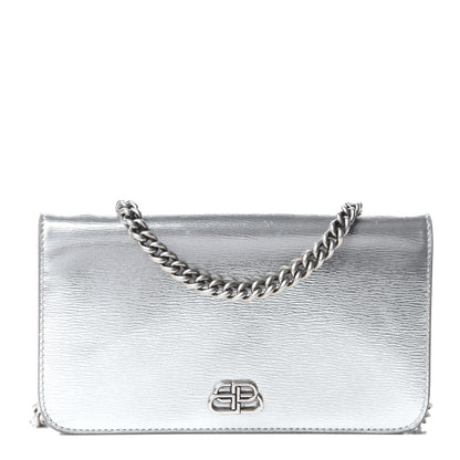 Balenciaga Metallic Grained Calfskin BB Phone Holder Wallet On Chain Silver 1 of 20