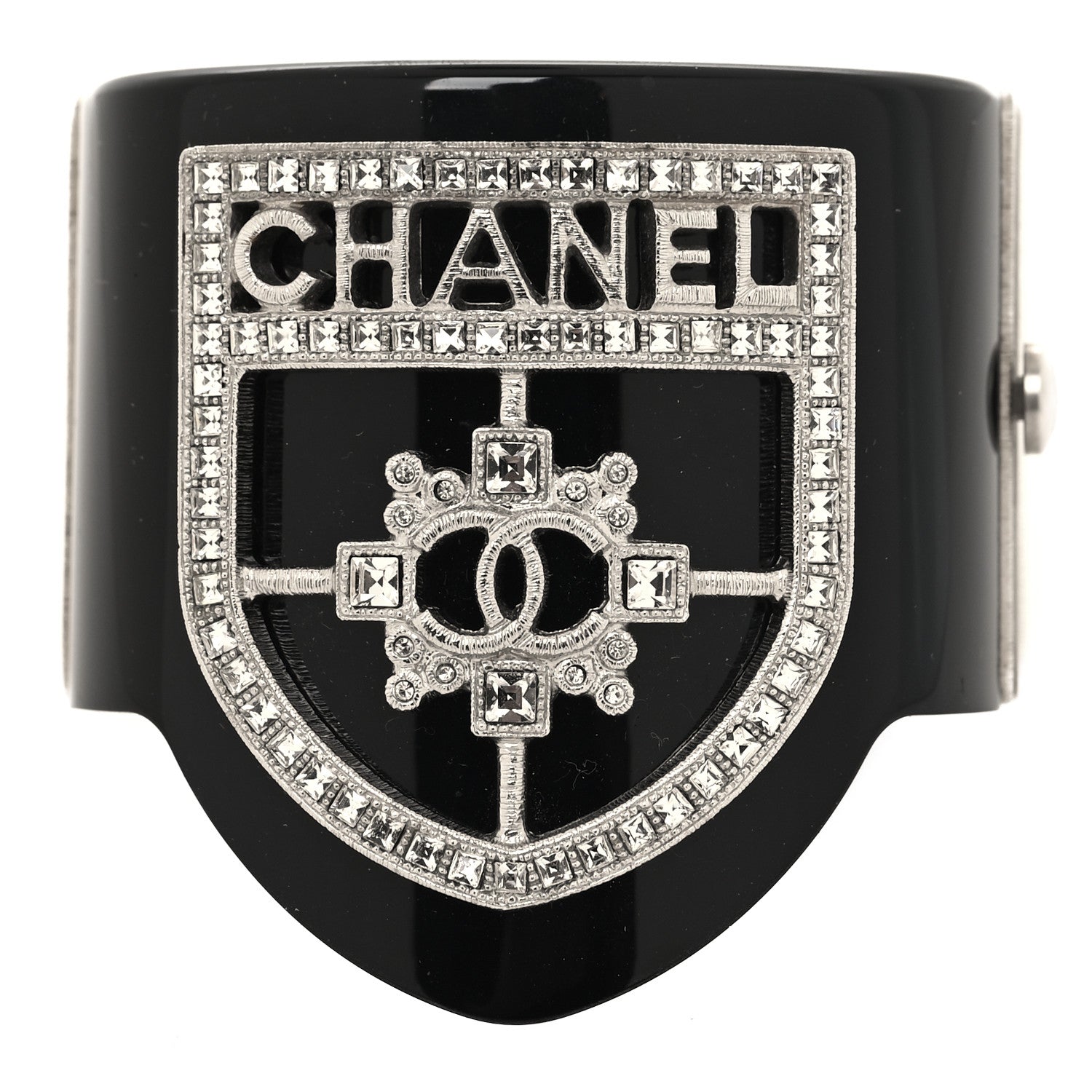 Chanel Resin Swarovski Baguette Crystal CC Shield Cuff Black 1 of 6