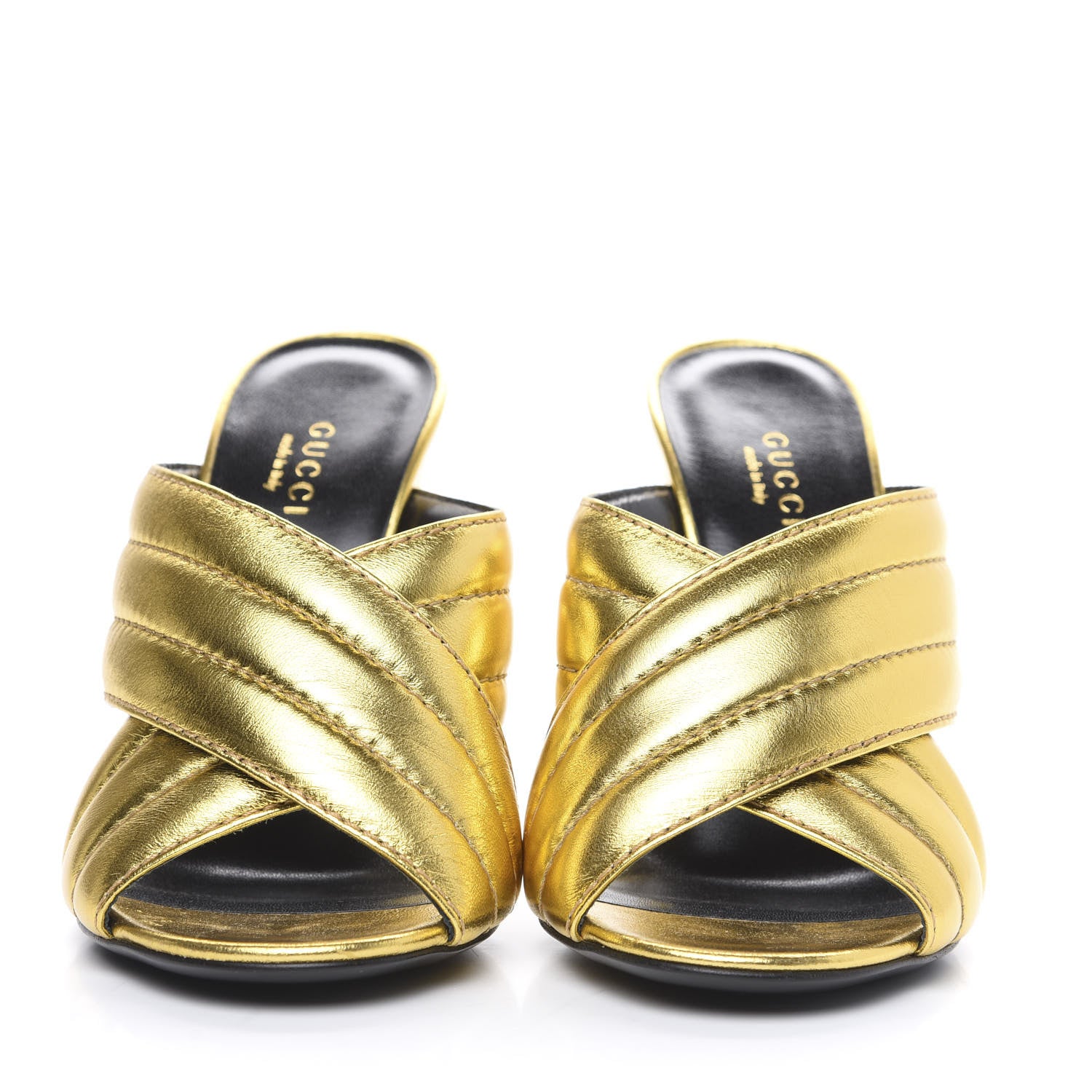 Gucci Metallic Nappa Webby Crossover High Heel Slide Sandals 35 Oro Vecchio 2 of 11