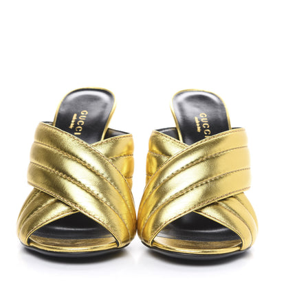 Gucci Metallic Nappa Webby Crossover High Heel Slide Sandals 35 Oro Vecchio 2 of 11