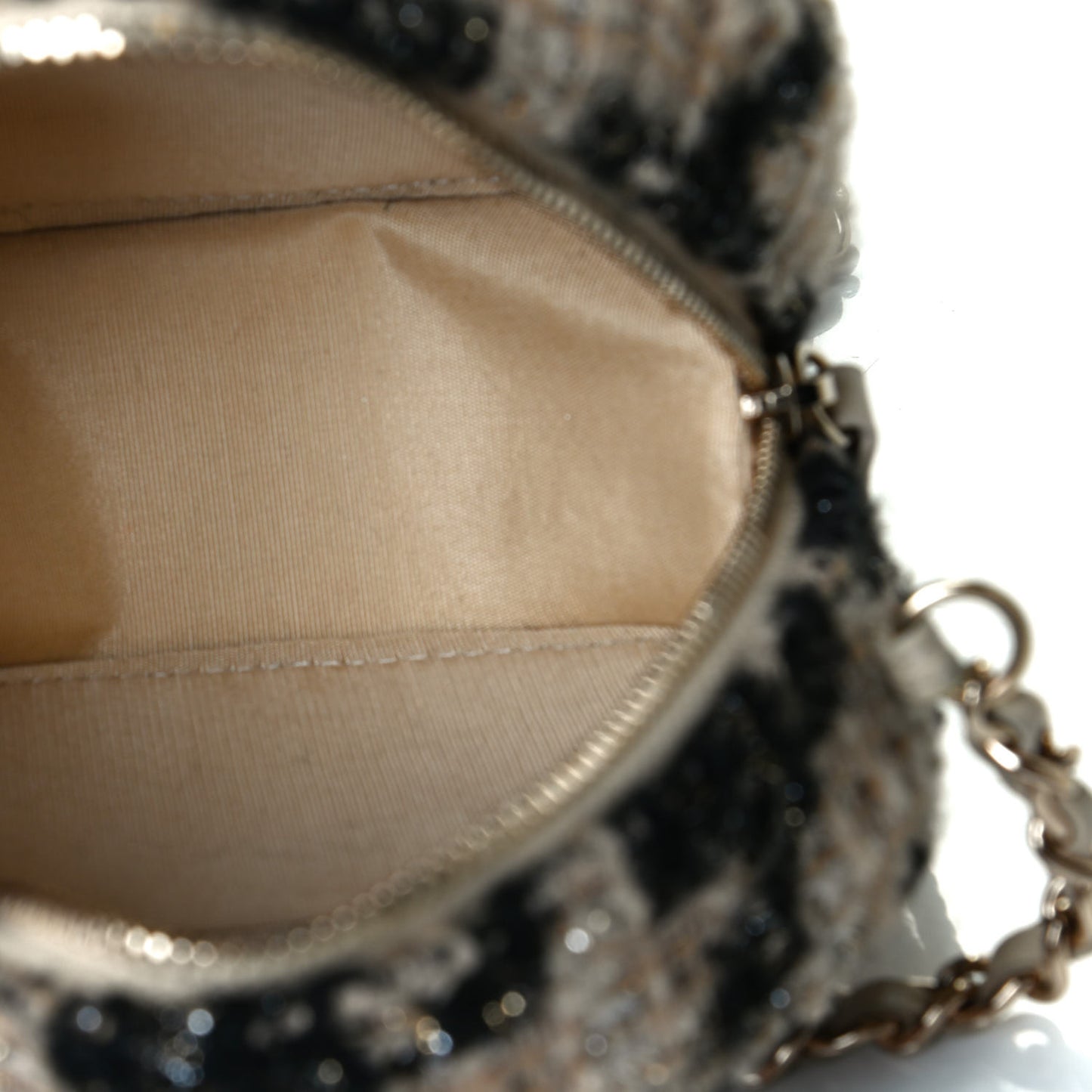 Tweed Shearling Round Clutch With Chain and Coin Purse Beige Black