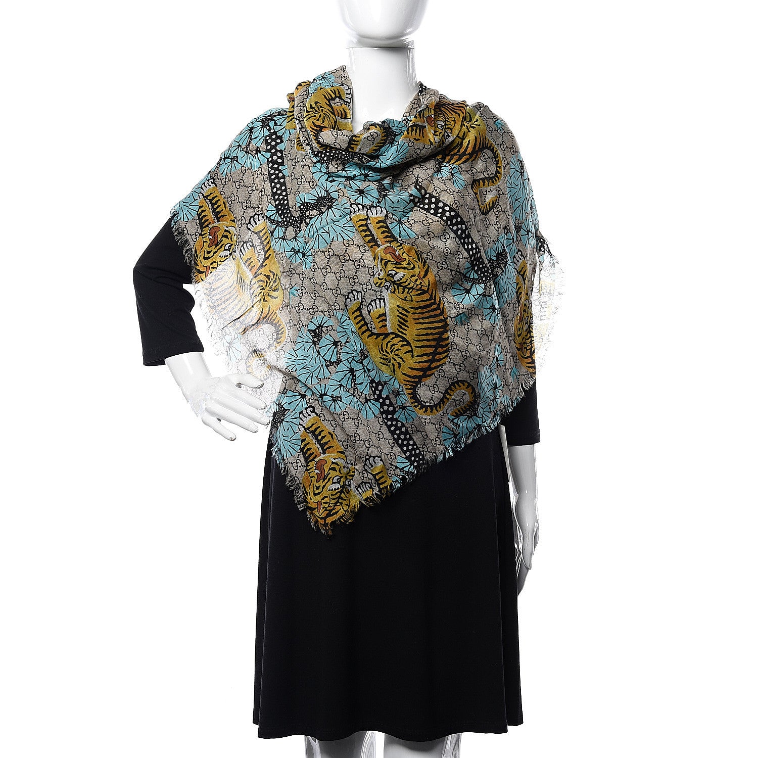 Gucci Modal Silk GG Monogram Supreme Tiger Shawl Rope Sky Blue 2 of 4