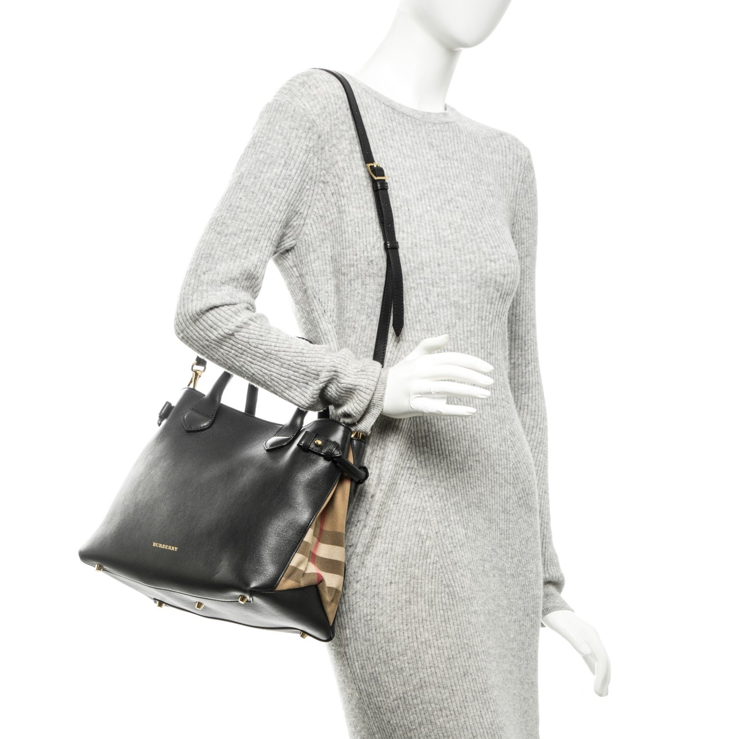 Calfskin House Check Medium Banner Tote Black
