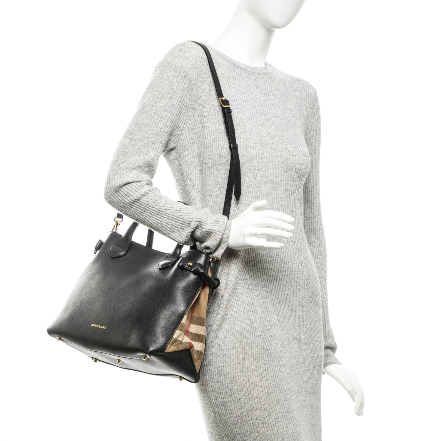 Burberry Calfskin House Check Medium Banner Tote Black 2 of 8