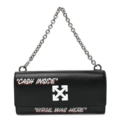 Off-White Calfskin Jitney Logo Flap Wallet On Chain Black 1 of 6