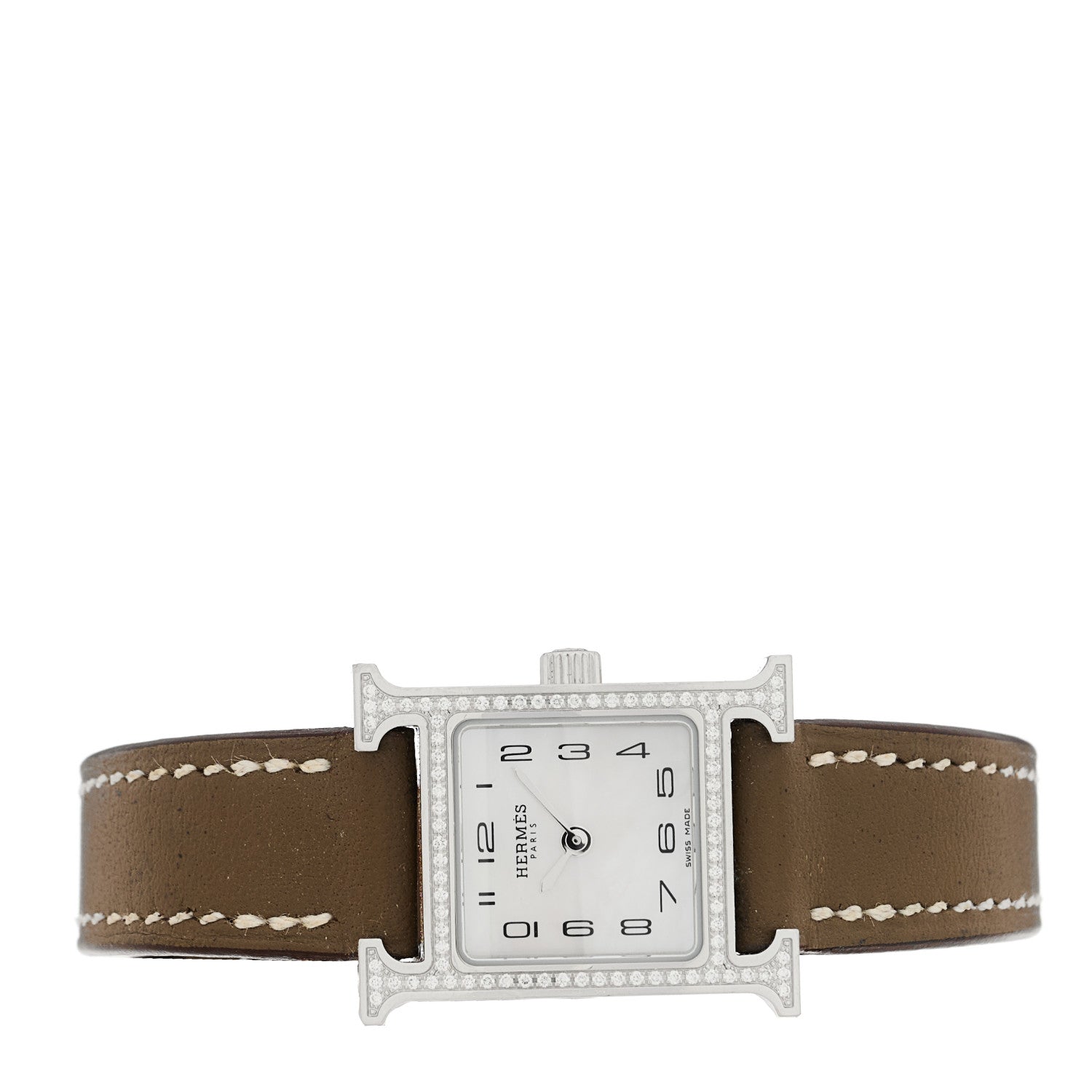Hermes Stainless Steel Swift Diamond Bezel Mother of Pearl 17.2mm Heure H Hour Quartz Watch Etoupe 2 of 5