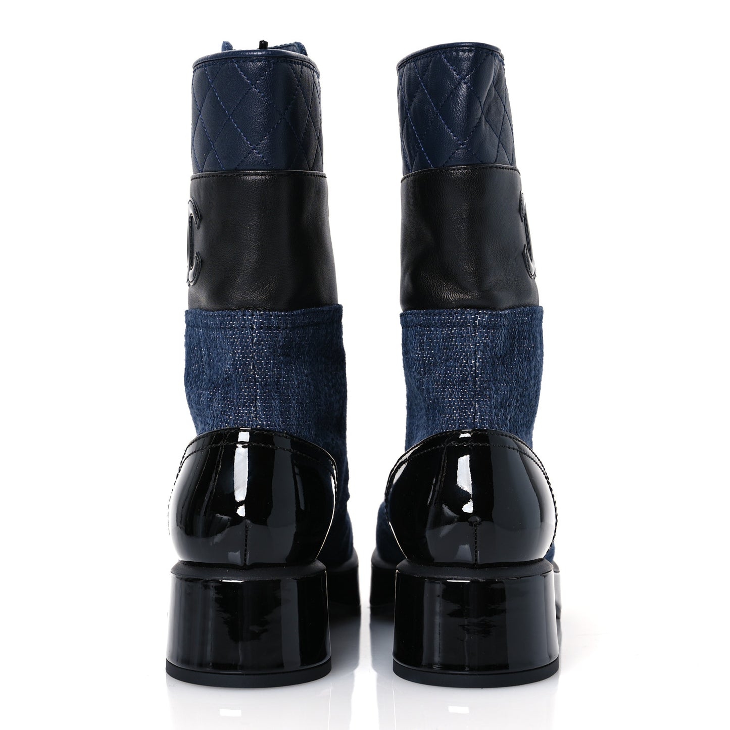 Denim Patent Lambskin Quilted CC Lace Up Combat Boots 36.5 Navy Blue Black