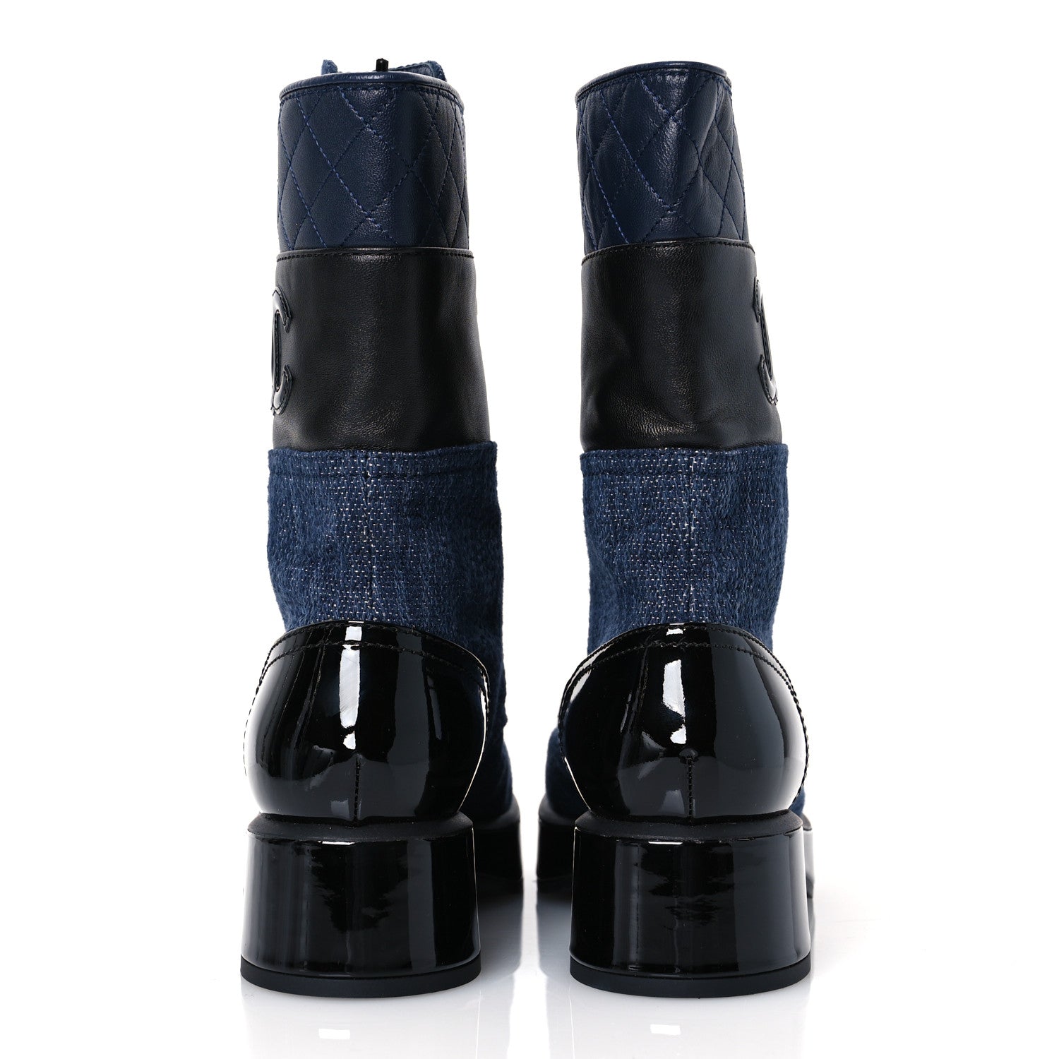 Chanel Denim Patent Lambskin Quilted CC Lace Up Combat Boots 36.5 Navy Blue Black 6 of 10