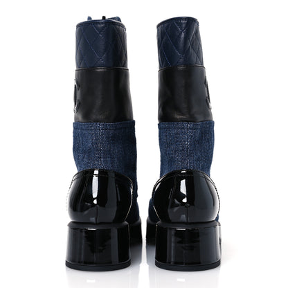 Chanel Denim Patent Lambskin Quilted CC Lace Up Combat Boots 36.5 Navy Blue Black 6 of 10