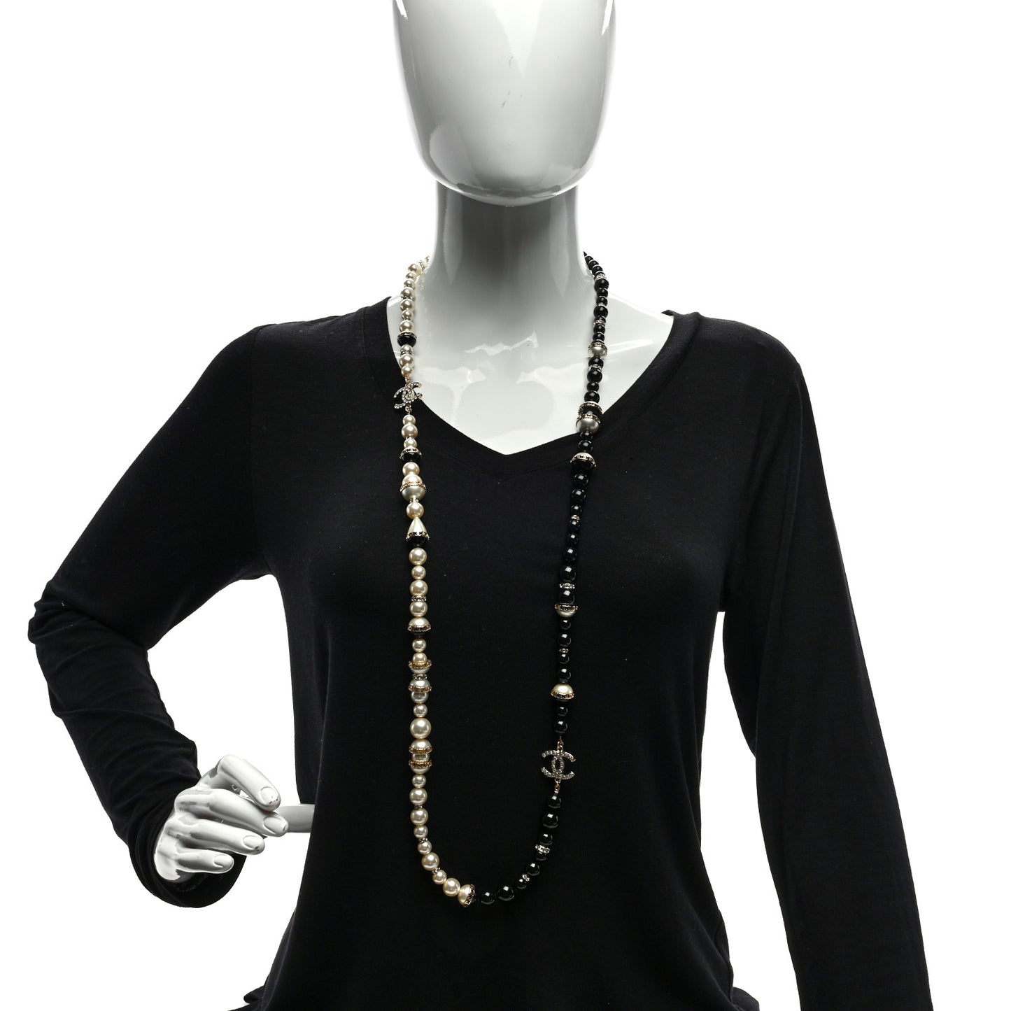 Pearl Beaded Crystal CC Long Necklace Gold Black White