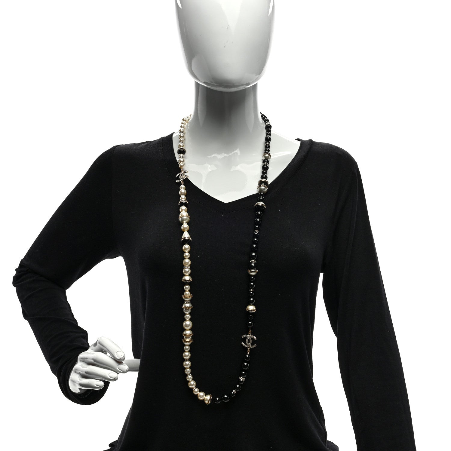 Chanel Pearl Beaded Crystal CC Long Necklace Gold Black White 3 of 4