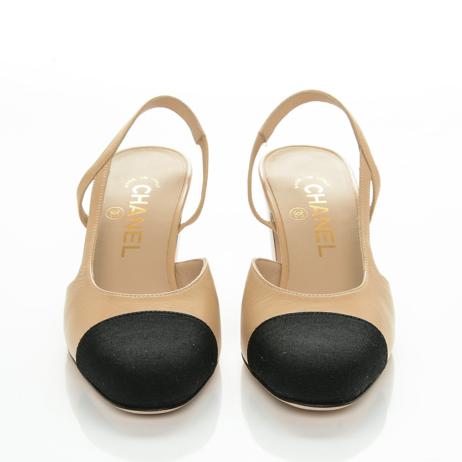 Chanel Goatskin Grosgrain Cap Toe CC Slingback Sandals 36.5 Beige Black 2 of 7