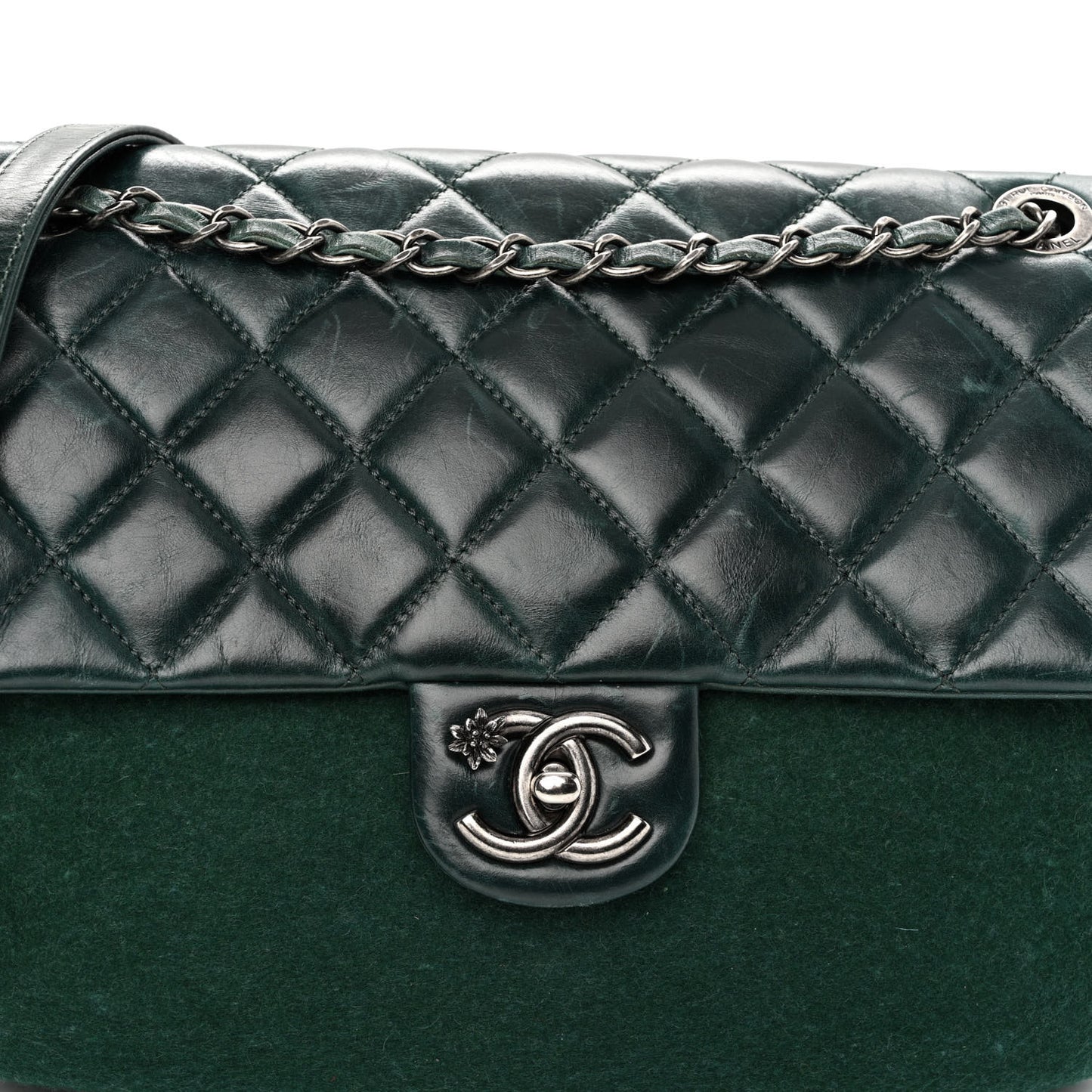 Felt Glazed Calfskin Quilted Edelweiss Flower Flap Dark Green
