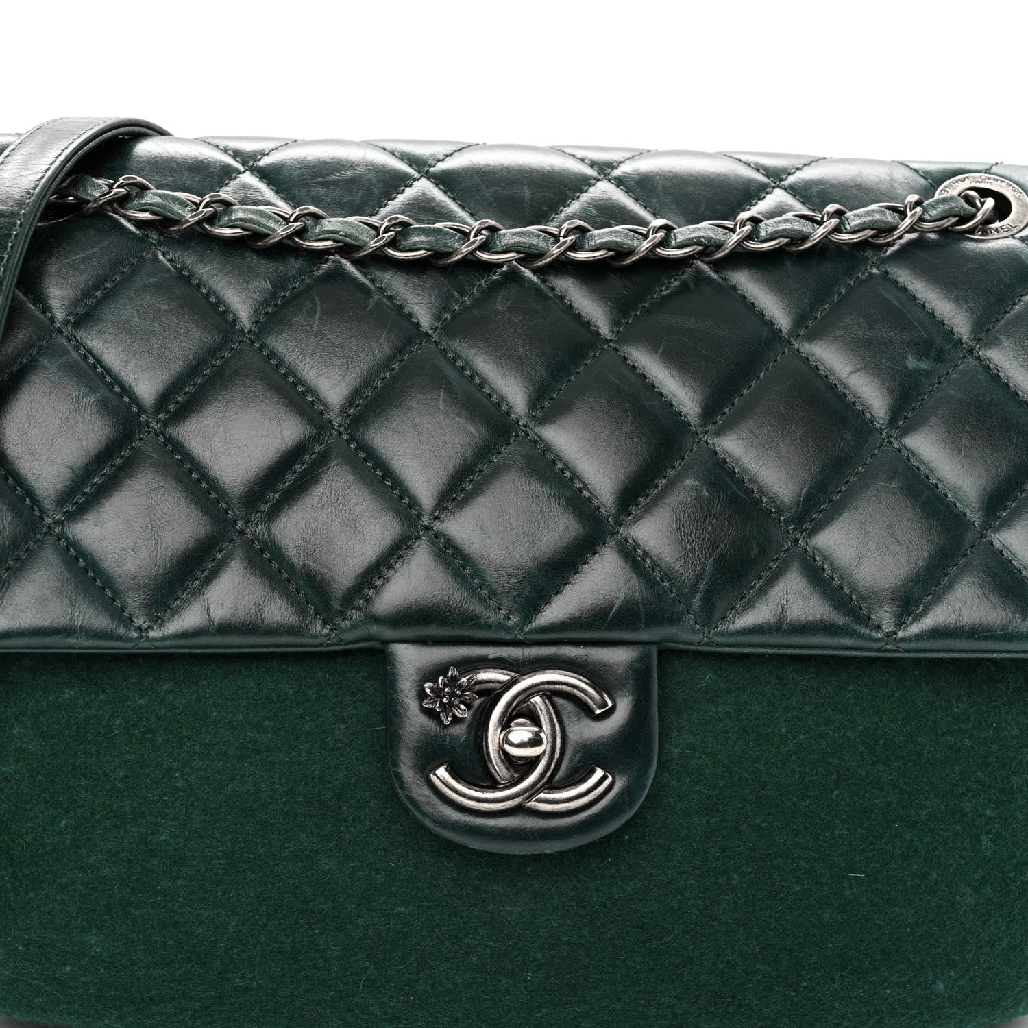Chanel Felt Glazed Calfskin Quilted Edelweiss Flower Flap Dark Green 8 of 11