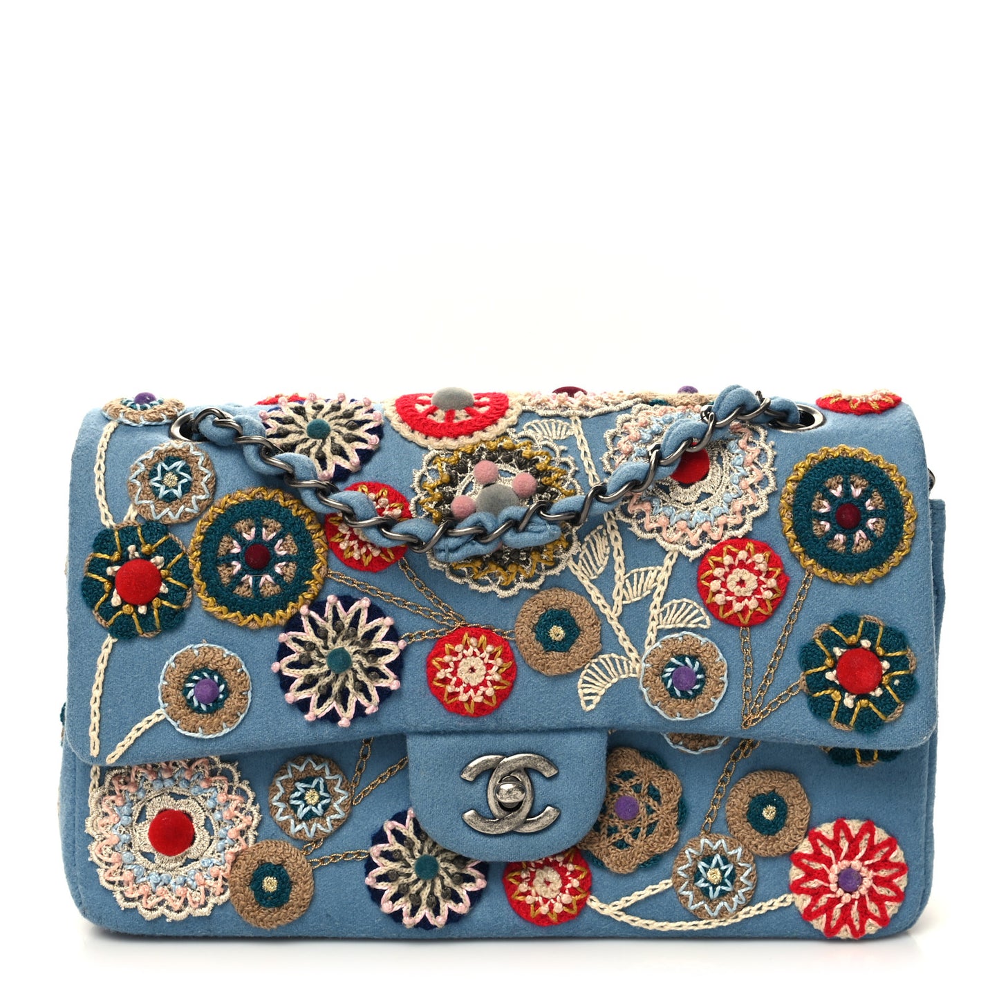 Felt Flower Embroidered Medium Double Flap Blue Multicolor