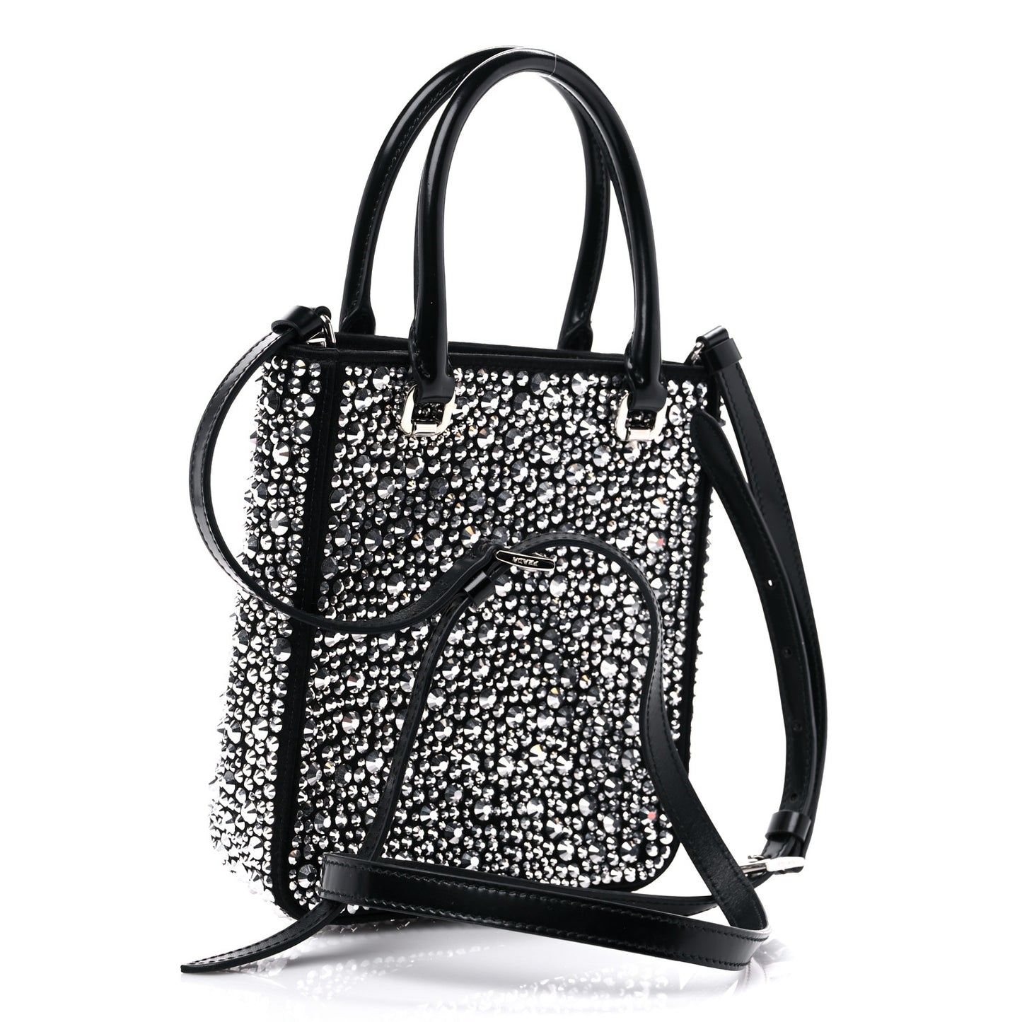Satin Crystal Metal Triangle Logo Small Double Handle Crossbody Tote Metal