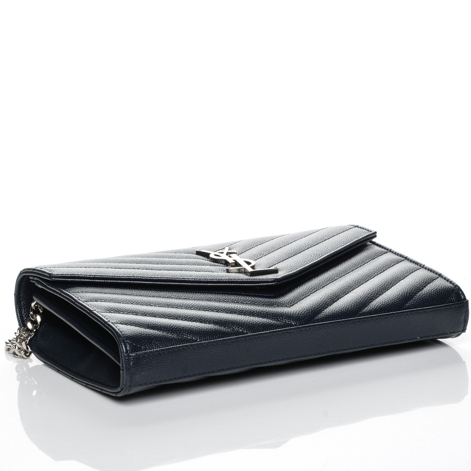 Saint Laurent Grain De Poudre Matelasse Chevron Monogram Chain Wallet Navy 4 of 6