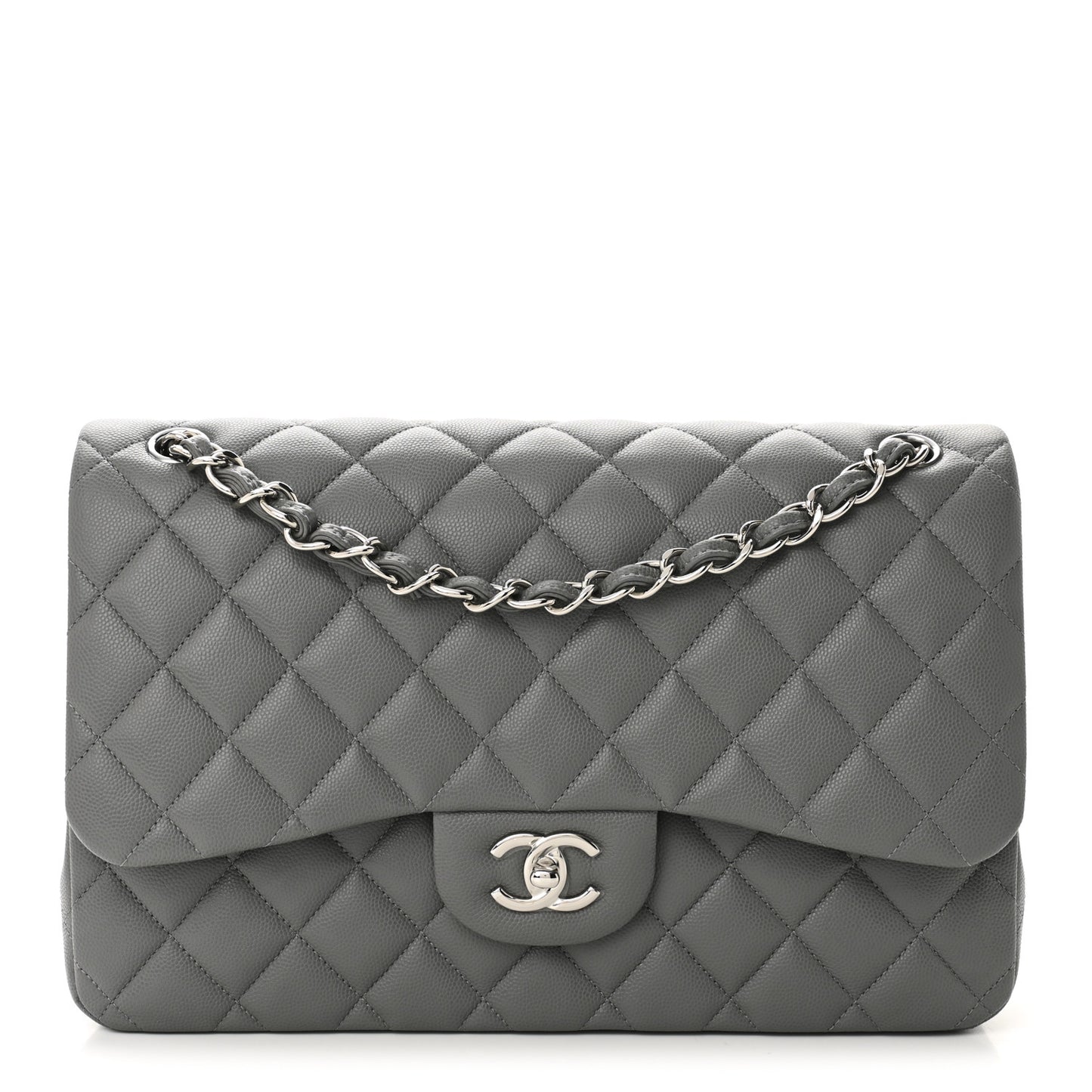 Caviar Quilted Jumbo Double Flap Grey