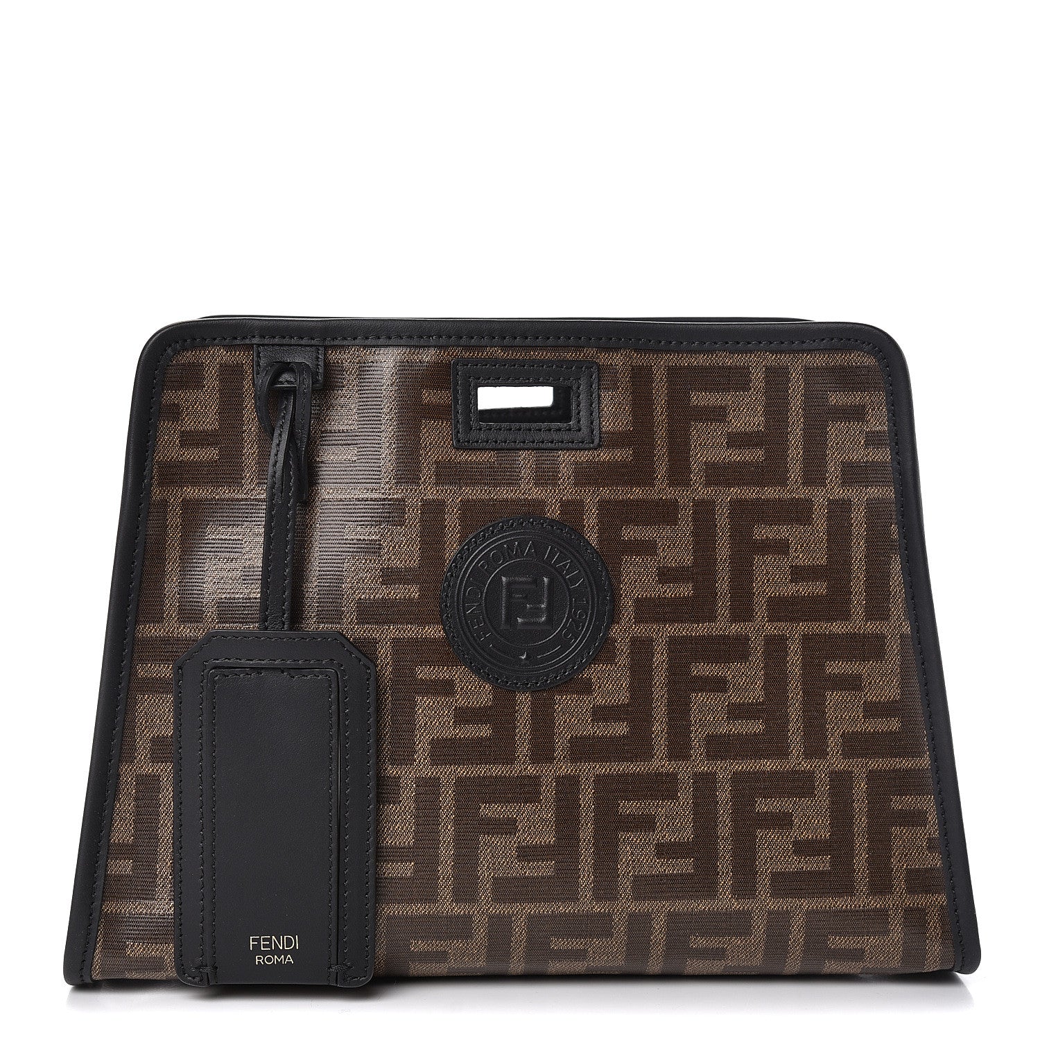 Fendi Glazed Fabric Vitello Century FF 1974 Stamp Patch Mini Peekaboo Defender Cover Mogano Panna Black 1 of 8