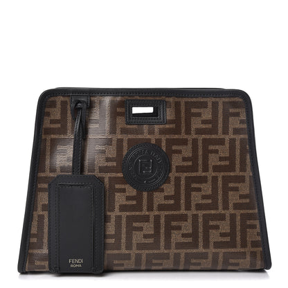 Fendi Glazed Fabric Vitello Century FF 1974 Stamp Patch Mini Peekaboo Defender Cover Mogano Panna Black 1 of 8