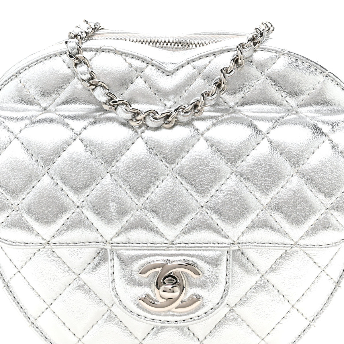 Chanel Metallic Lambskin Quilted Large CC In Love Heart Bag Silver 8 of 11
