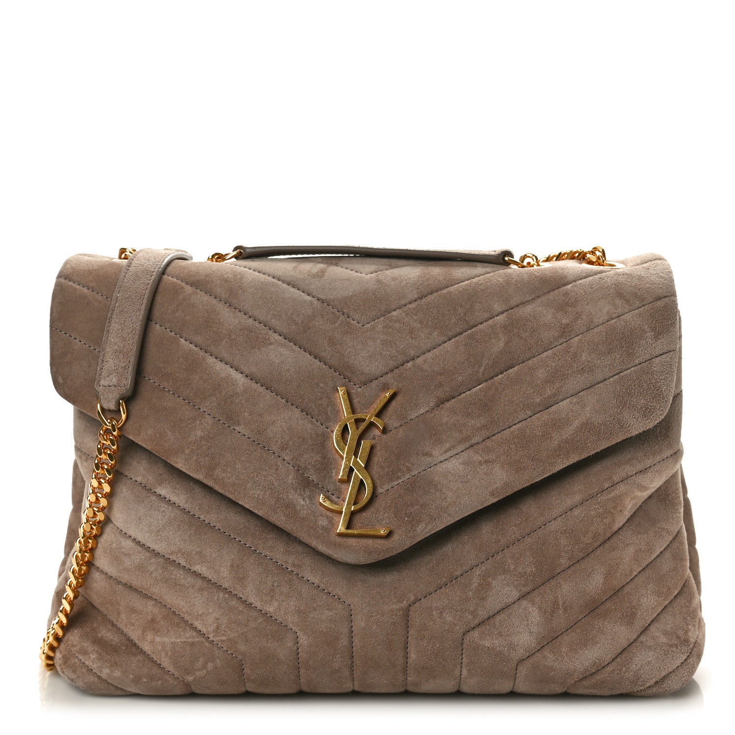 Saint Laurent Suede Y Quilted Monogram Medium Loulou Chain Satchel Taupe 1 of 10