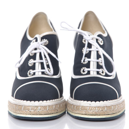 Chanel Silk Crepe Suede Calfskin Lace Up Wedge Espadrilles 36.5 Navy Grey 3 of 10