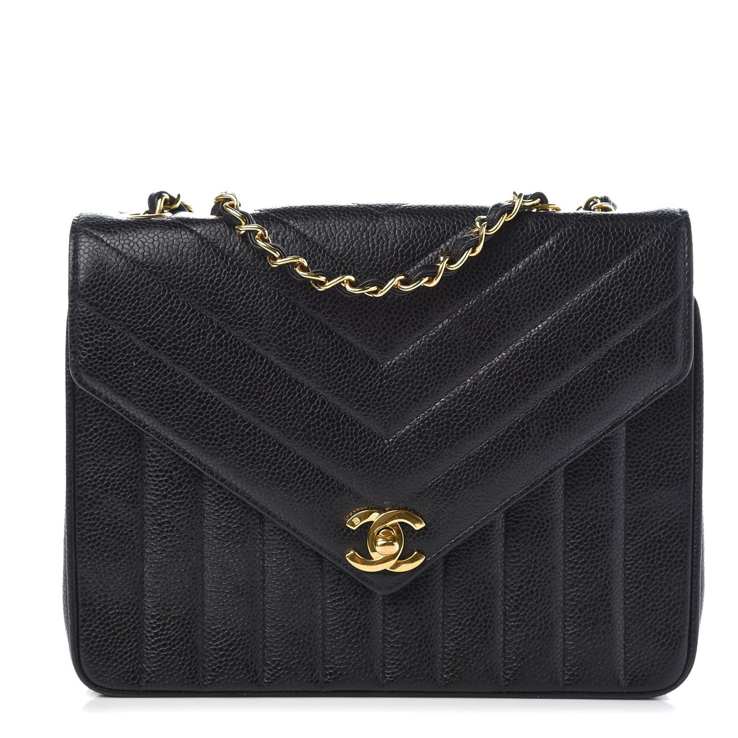 Caviar Vertical Chevron Quilted Small Single Flap Black