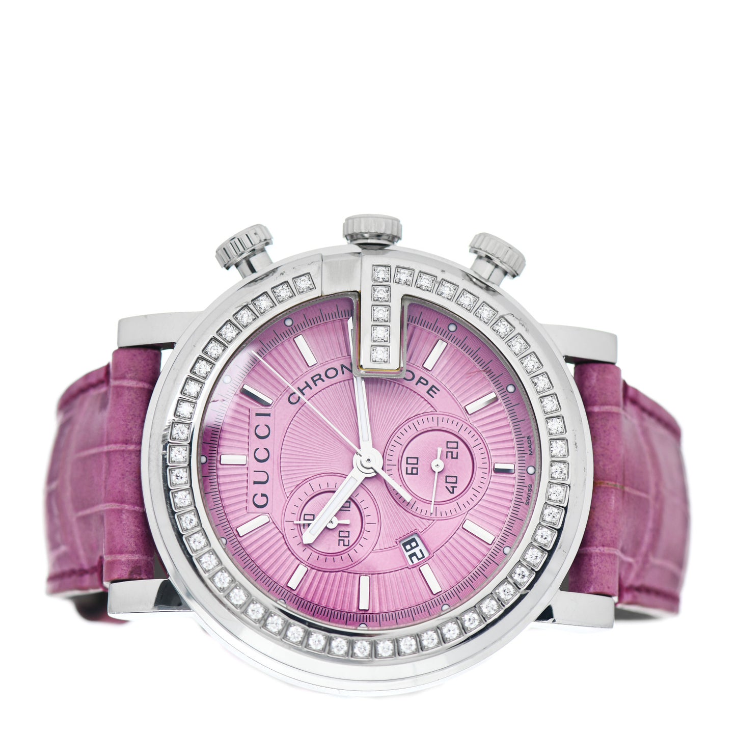 Stainless Steel Alligator Diamond Bezel 44mm G-Chrono Quartz Watch Pink