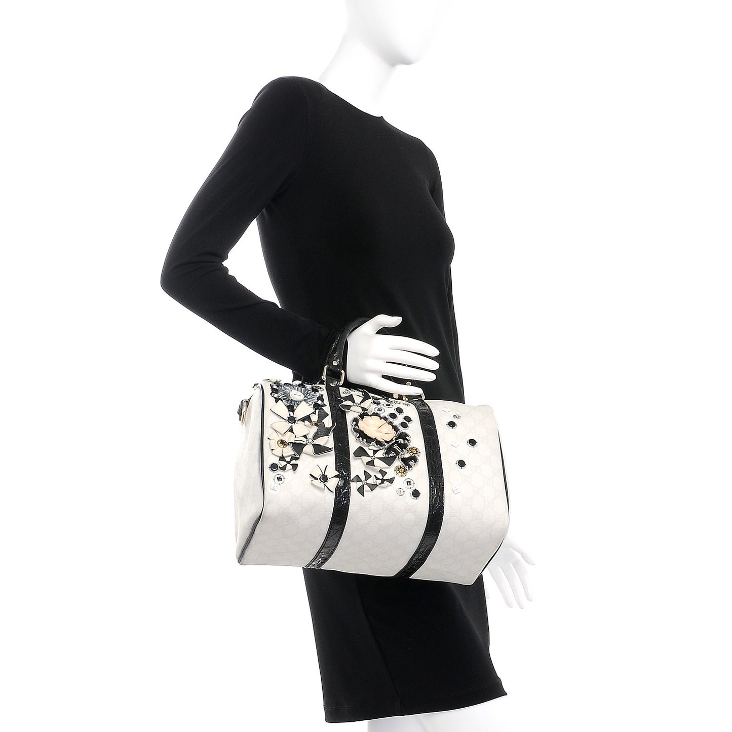 GG Plus Monogram Embellished Medium Joy Boston White Black