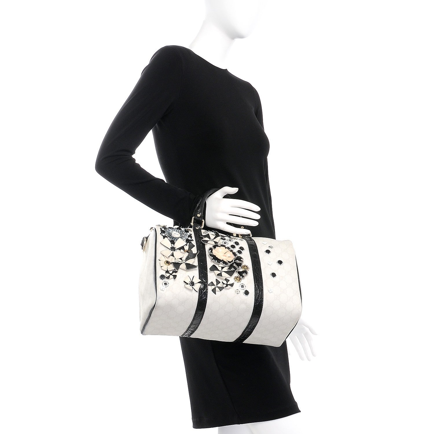 Gucci GG Plus Monogram Embellished Medium Joy Boston White Black 2 of 13