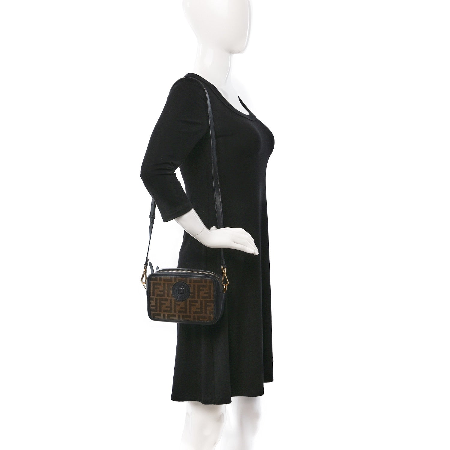 Fendi Glazed Fabric Vitello Century FF 1974 Stamp Patch Mini Camera Case Mogano Panna Black 3 of 9