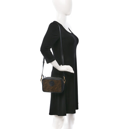 Fendi Glazed Fabric Vitello Century FF 1974 Stamp Patch Mini Camera Case Mogano Panna Black 3 of 9