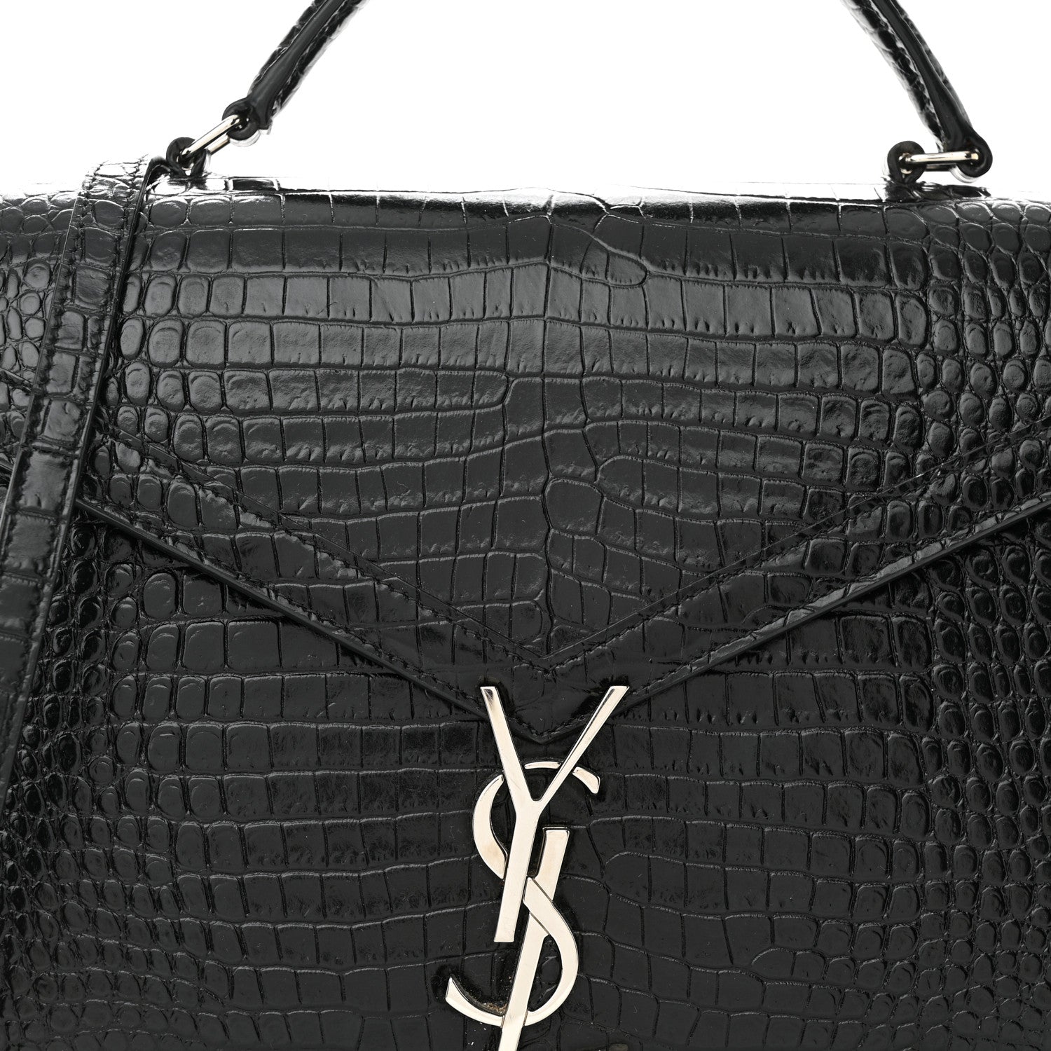 Saint Laurent Calfskin Crocodile Embossed Medium Classic Monogram Cassandra Top Handle Black Rouge Legion 7 of 11