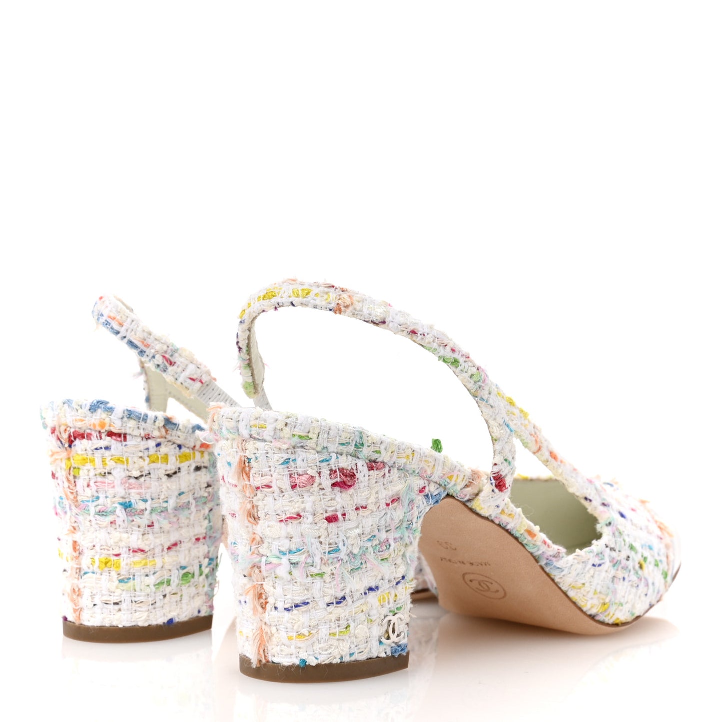 Tweed Lambskin Cap Toe CC Slingback Pumps 39 White Multicolor