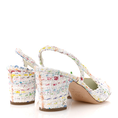 Chanel Tweed Lambskin Cap Toe CC Slingback Pumps 39 White Multicolor 5 of 11