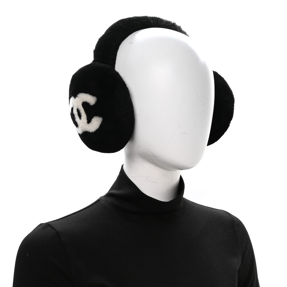 Chanel Shearling CC Ear Muffs Black White 2 of 5