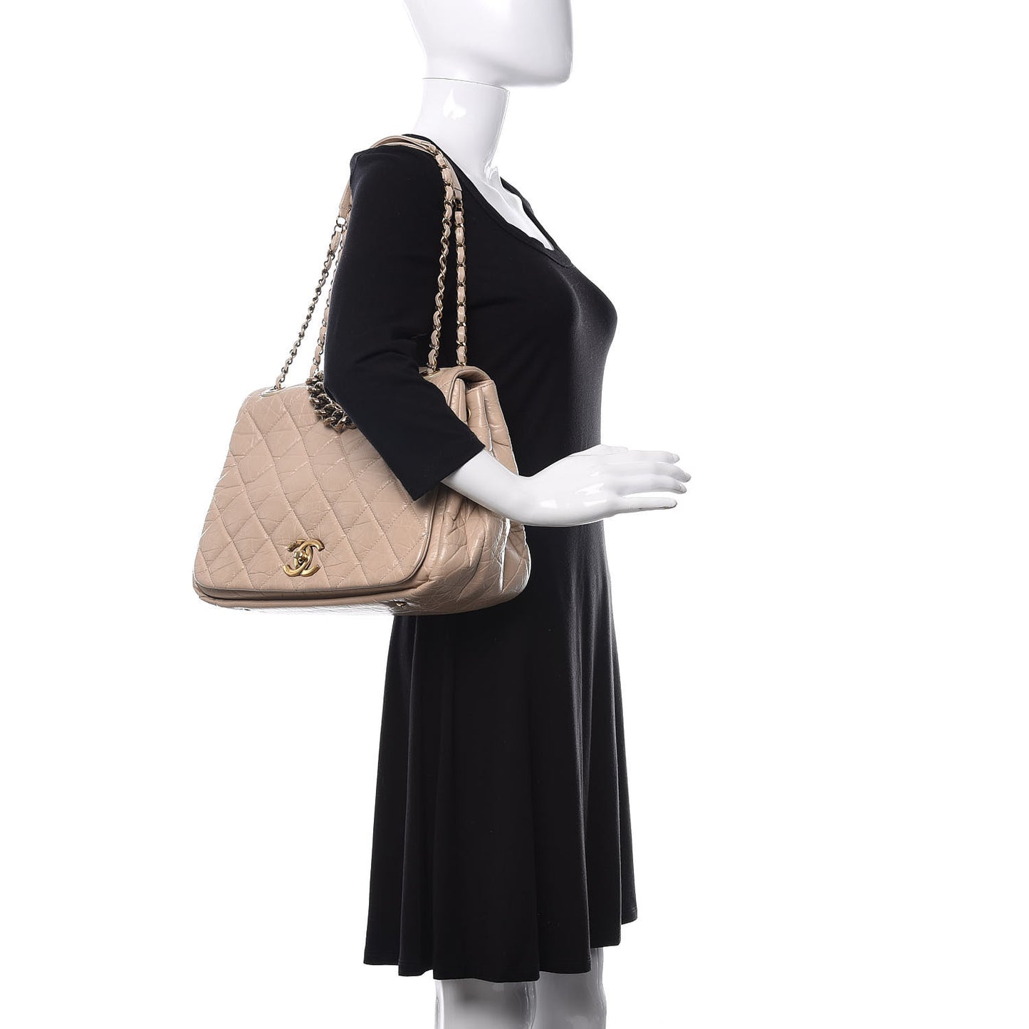 Aged Calfskin Quilted Large Pondichery Flap Beige