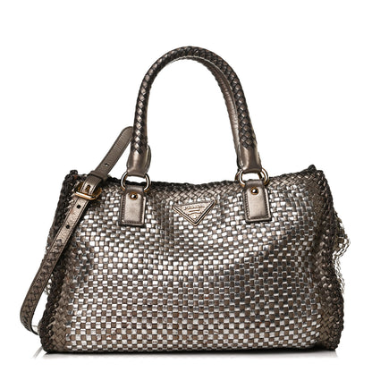 Prada Goatskin Woven Medium Tote Moro 1 of 17