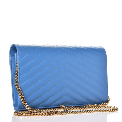 Saint Laurent Grain De Poudre Matelasse Chevron Monogram Chain Wallet Blue Clair 3 of 8