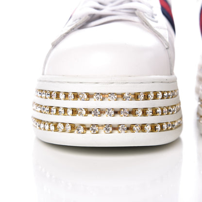 Gucci Calfskin Crystal Web Bee Embroidered Womens Ace Platform Sneakers 37 White 10 of 11
