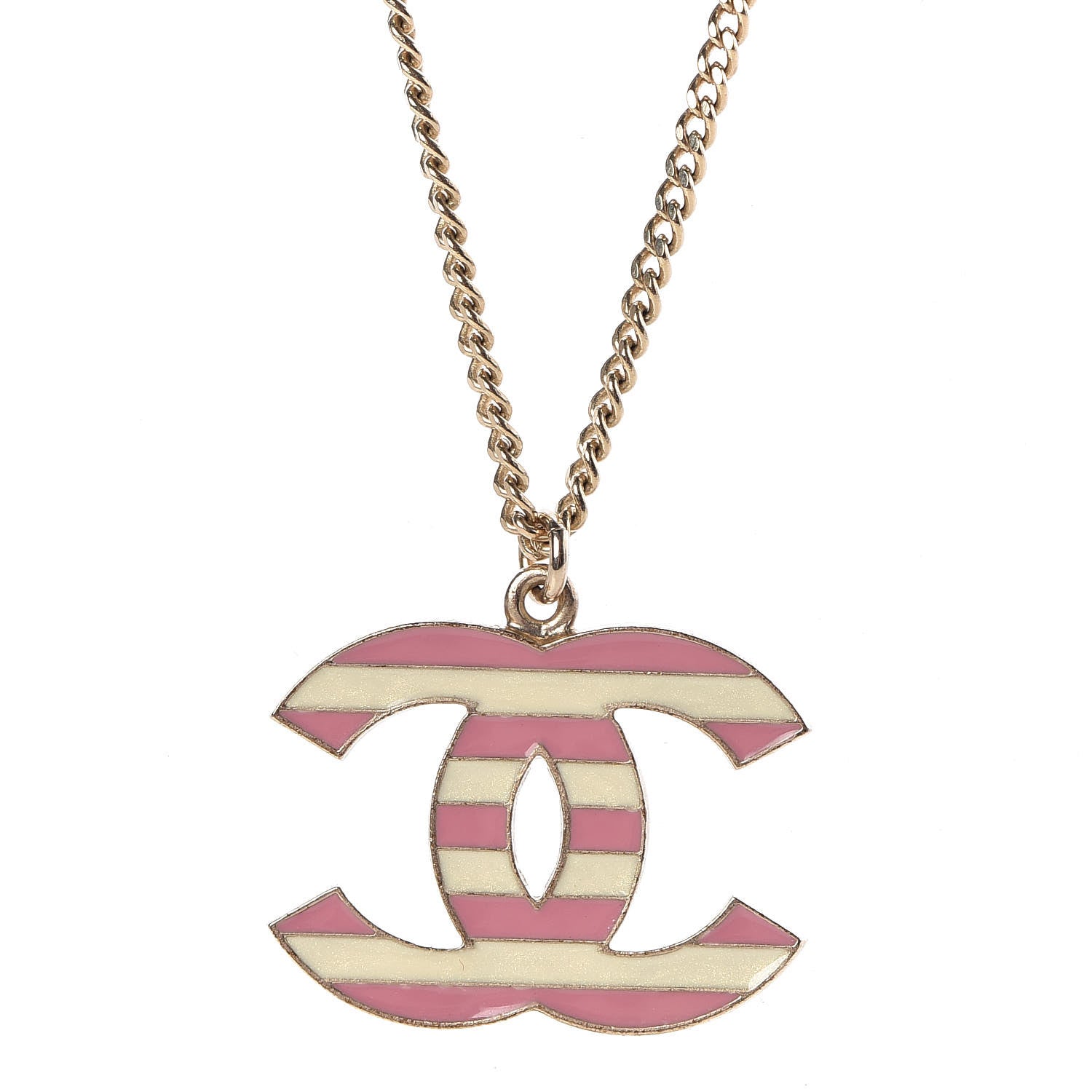 Chanel Enamel Striped CC Necklace Gold Ivory Pink 6 of 6
