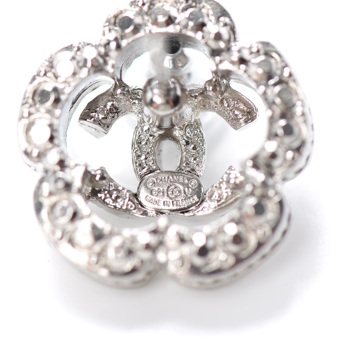 Crystal Coco Flapper Camellia CC Stud Earrings Silver